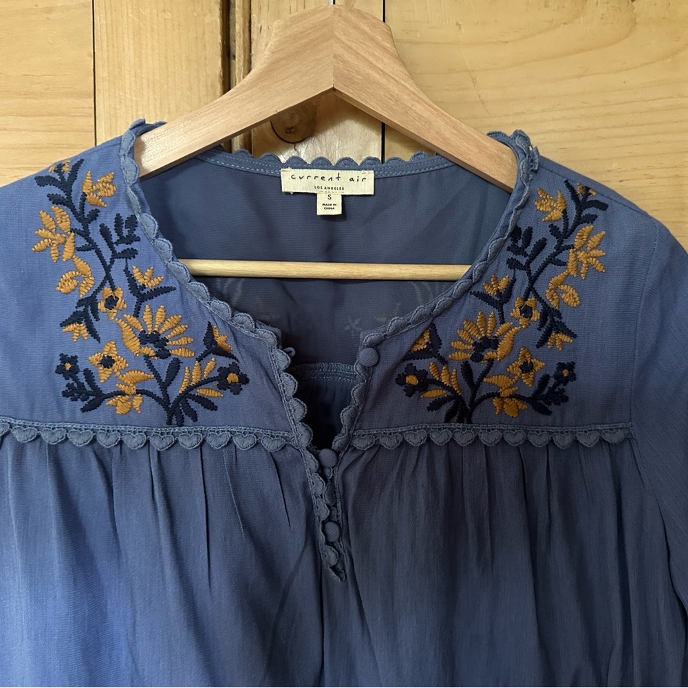 Current Air Blue Floral Embroidered Blouse